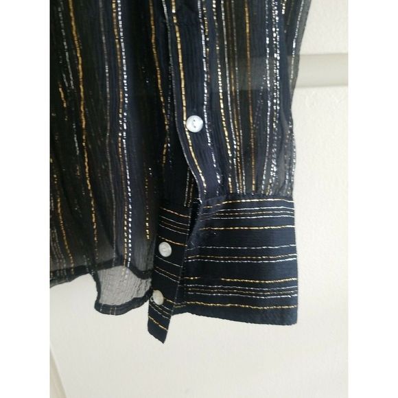 Vtg G-Unit Sexy Black Silk Blouse Silver/Gold Metallic Stripe Sheer Disco, EUC,M - Picture 6 of 7